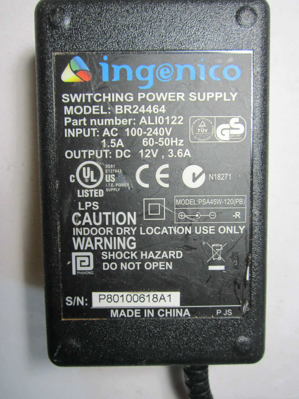 Genuine Ingenico Switching Power Supply Model BR24464 Part ALI0122 12V 3.6A DC