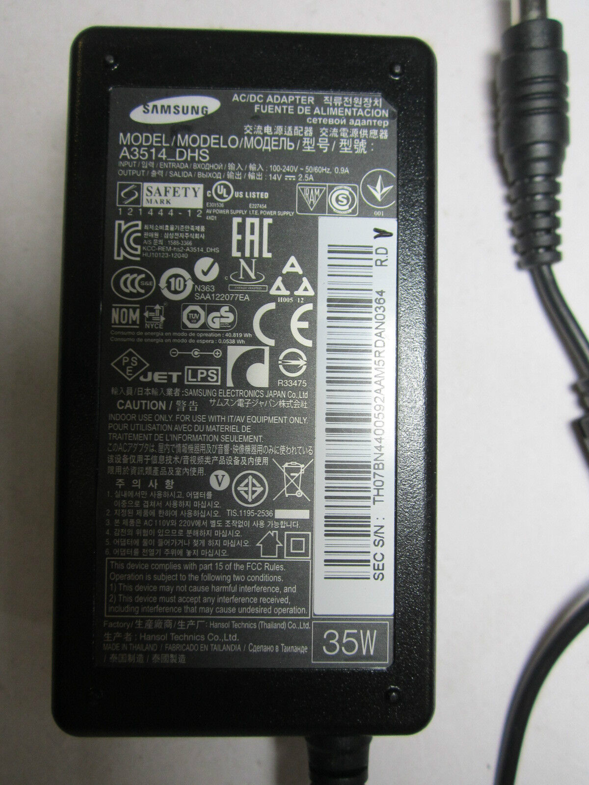 EU Plug Genuine A3514-DHS Samsung AC-DC Adaptor Power Supply for LED Monitors