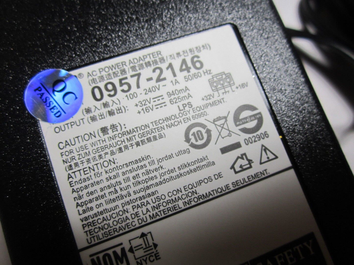 16V/625mA 32V/940mA HP AC Adaptor for 0950-4466, 0957-2094, 0957-2153, 0957-2178