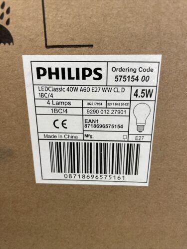 4 X Philips 575154 Led Classic 40w A60 E27 4.5w Dimmable LED Warm White