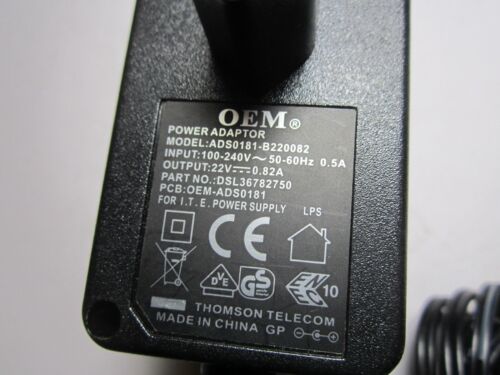 Genuine EU 2 Pin OEM Power Adaptor model ADS0181-B220082 22V 0.82A DSL36782750