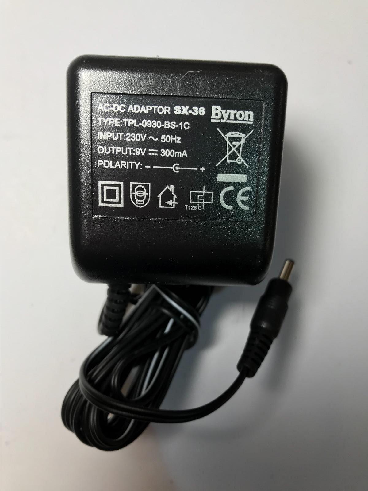 Genuine Byron SX-36 AC-DC Adaptor Transformer TPL-0930-BS-1C 9V 300mA Black UK