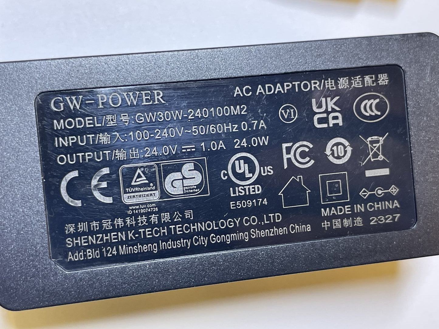 Replacement for 24V 500mA Nalin AC-DC Adapter model NLB050240W1E1 + UK Plug