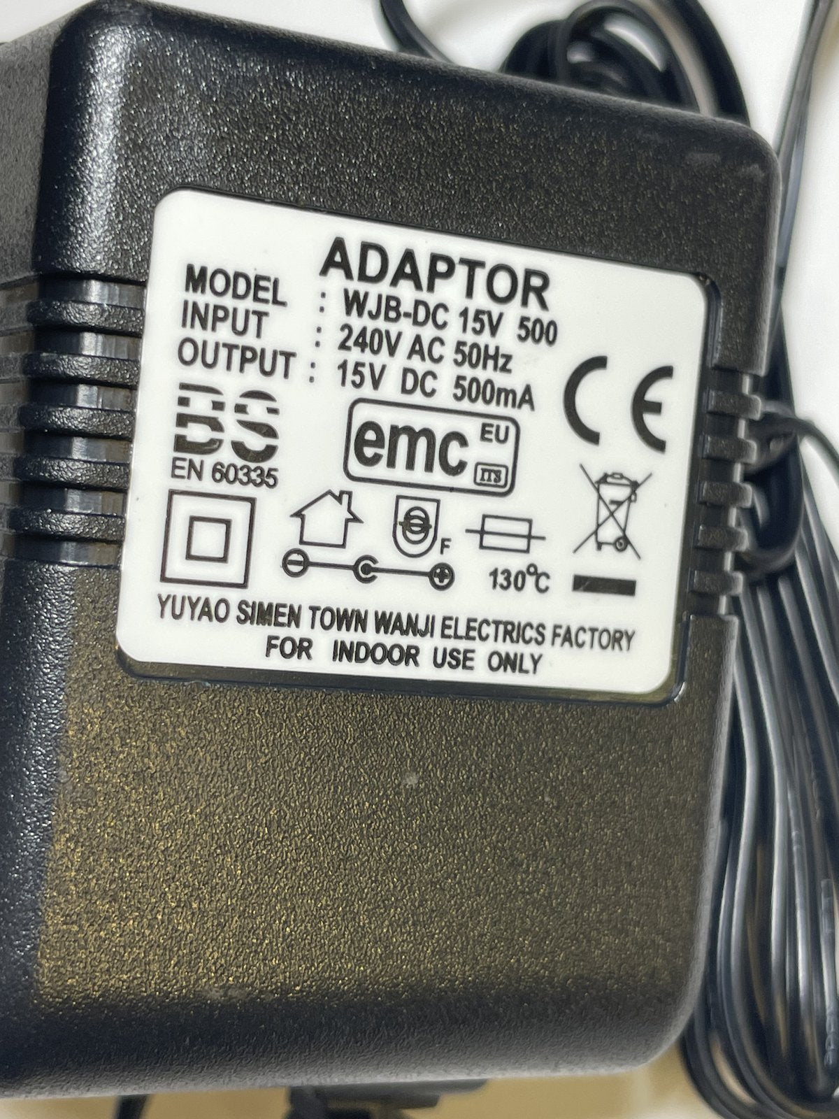 15V 500mA AC-DC ADAPTOR POWER SUPPLY TRANSFORMER 5.5MM X 2.1MM / 2.5MM